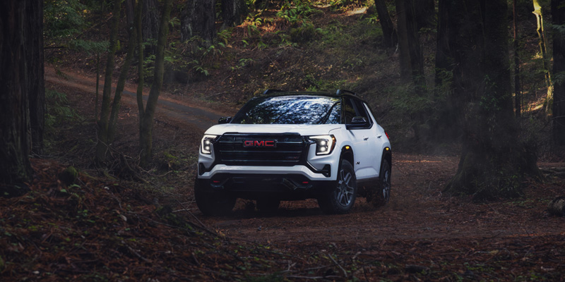2026 GMC Terrain driving through a forest trail.