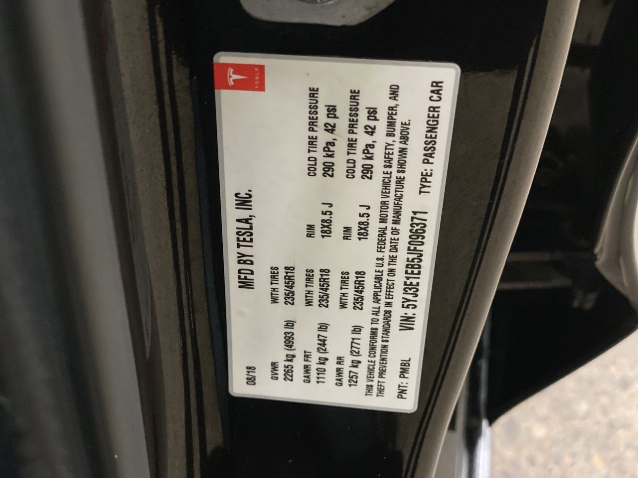 2018 Tesla Model 3 Long Range Battery